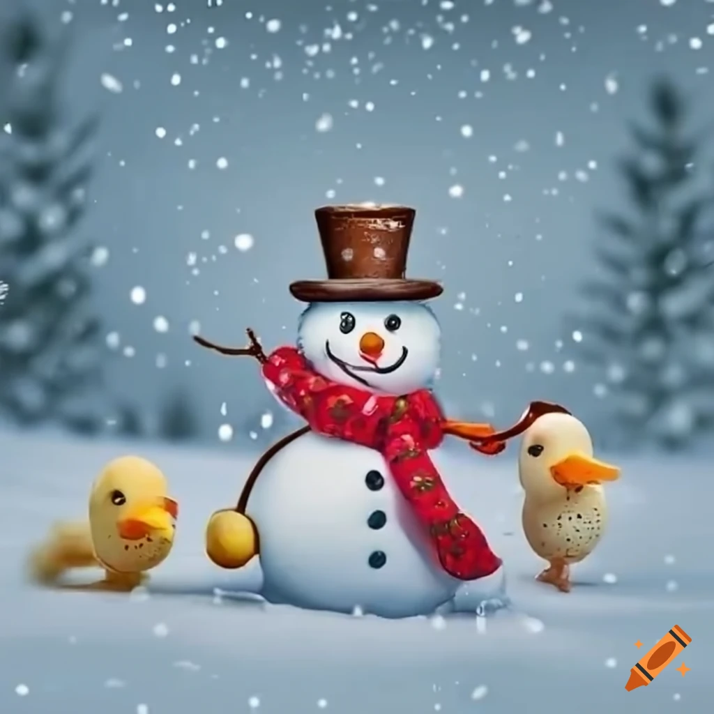 Snowman and duck enjoying tea in a winter wonderland scene
