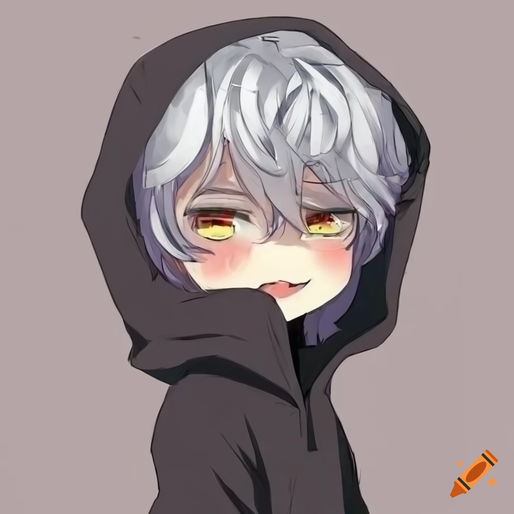 Boy with white hair and black hoodie in a cute cartoon style