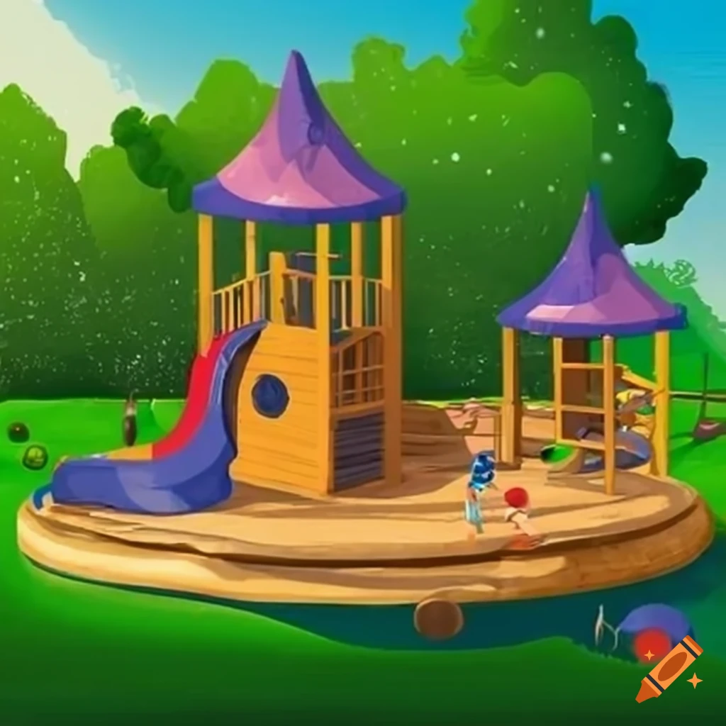 Outdoor play space with natural elements and climbing structures for children