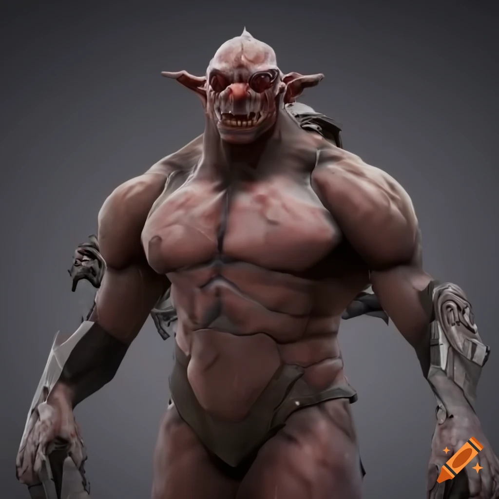 Sci-fi muscle cybernetic elf ogre golem humanoid with red hair and glowing red crystals
