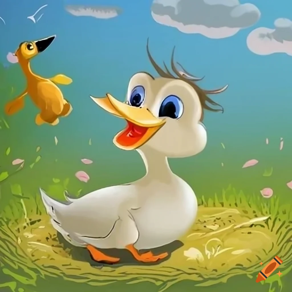 Cozy nest on the ground with a cute cartoonish duck and family in a peaceful meadow