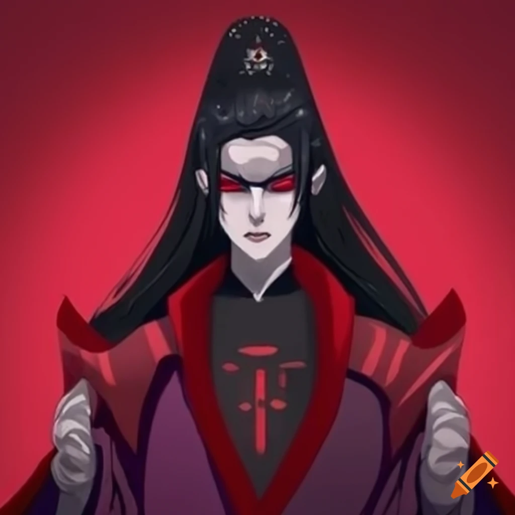 Young handsome vampire Lord in red robes on a throne with royal guards