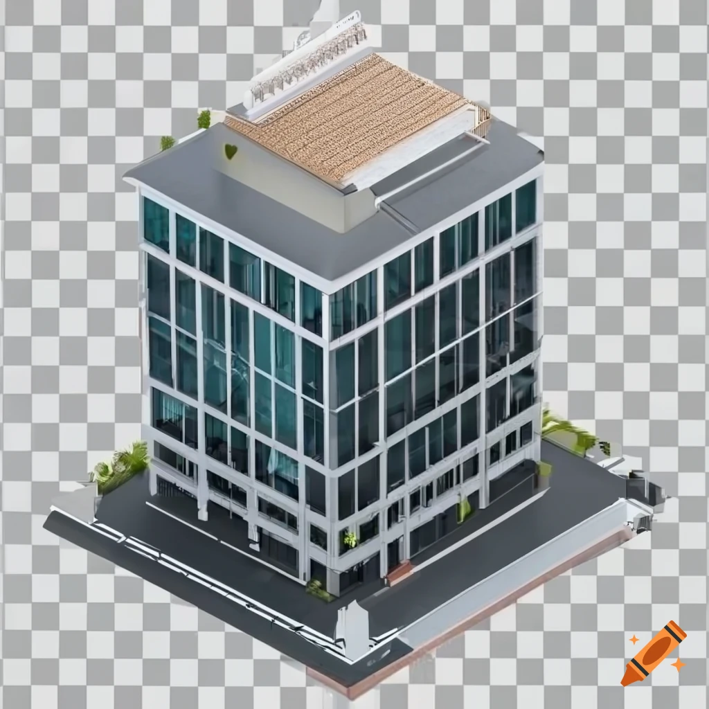 Isometric view of a modern building with surrounding roads, 3D render on transparent background