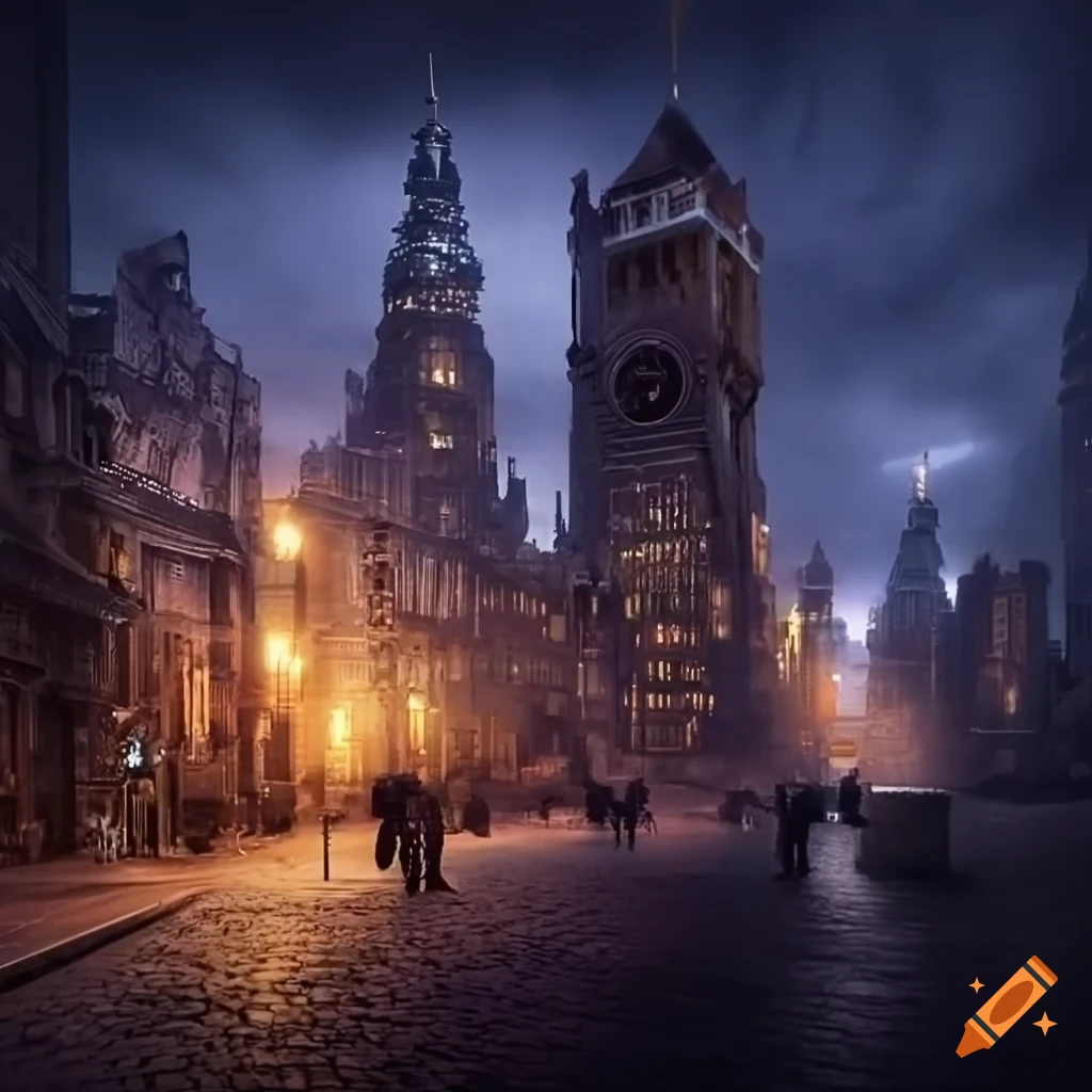 Futuristic steampunk cityscape at night post-Victorian era on Craiyon
