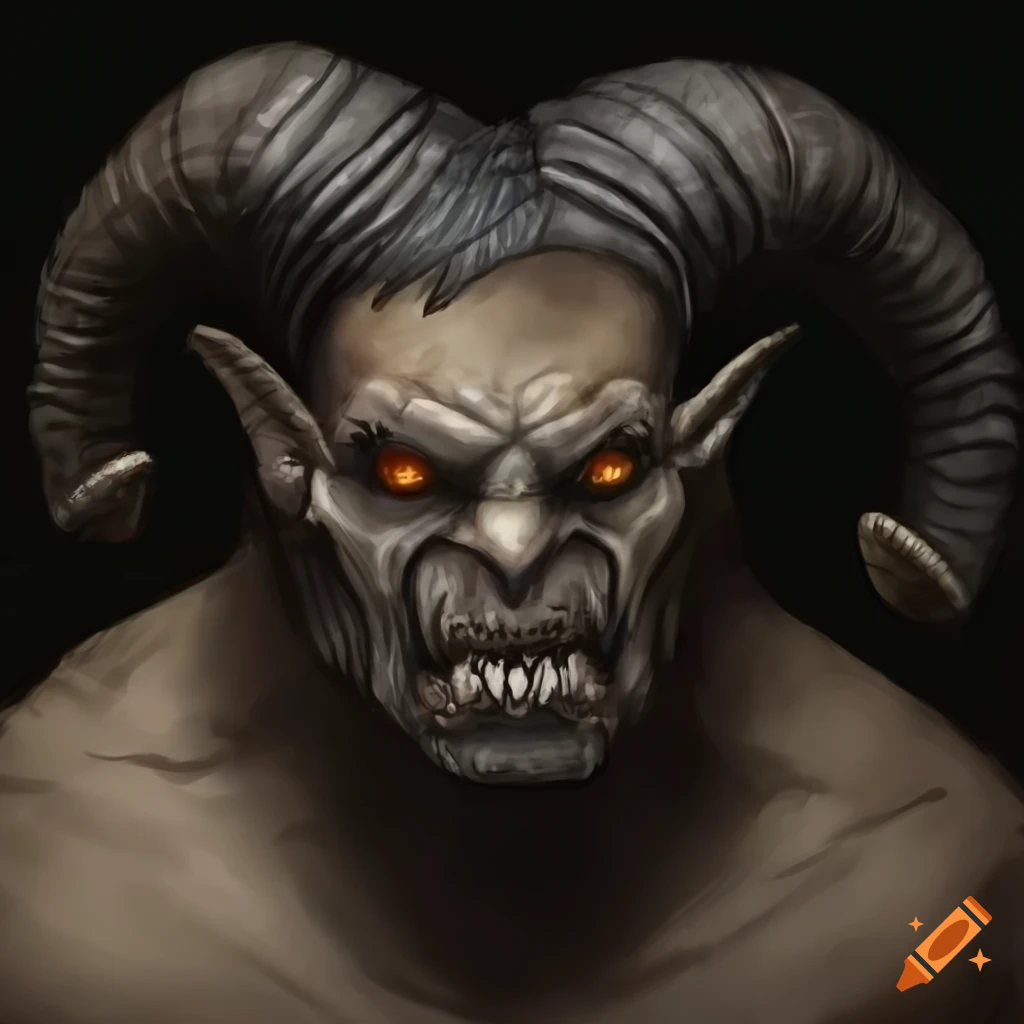 Realistic orc with dark black ram horns