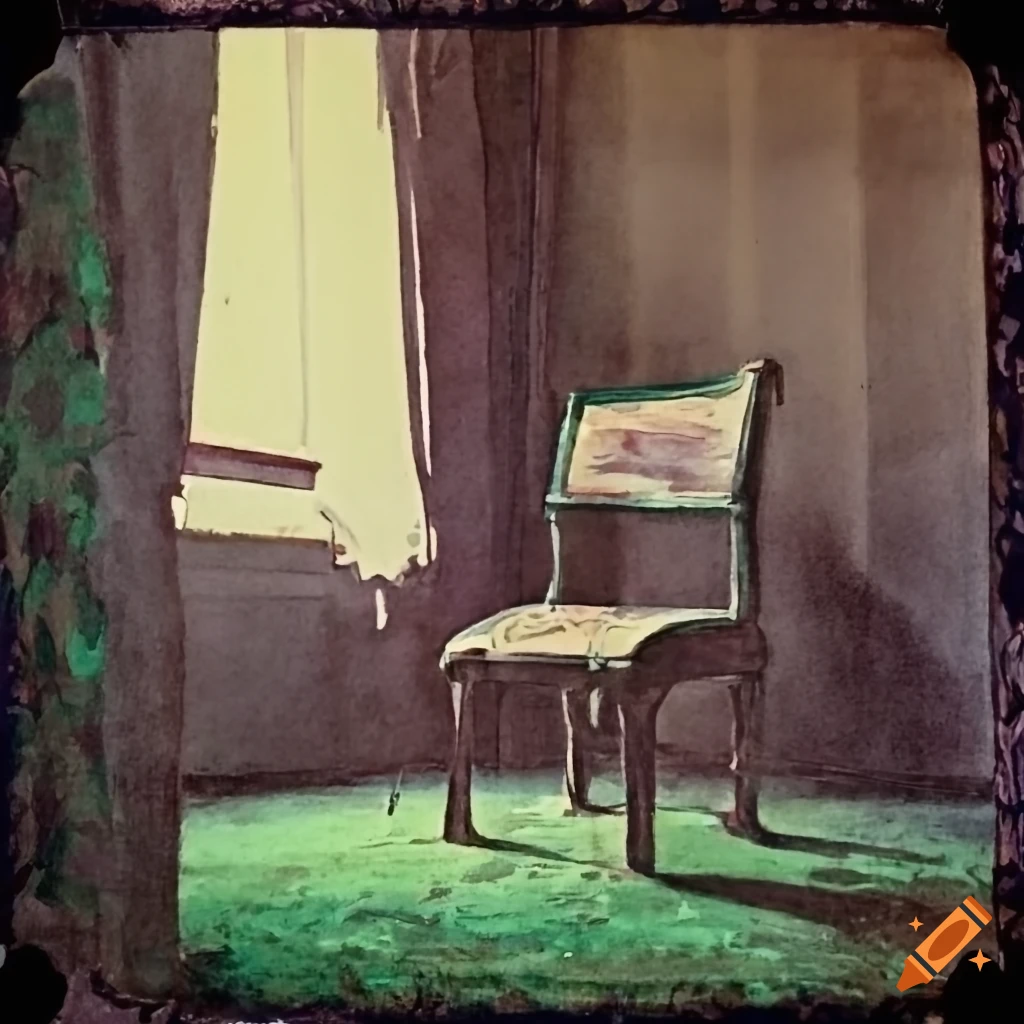 Watercolor drawing of an old stool with green upholstery in a hall under cross processed lighting
