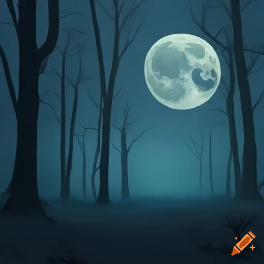 Spooky moonlit forest under a clouded full moon