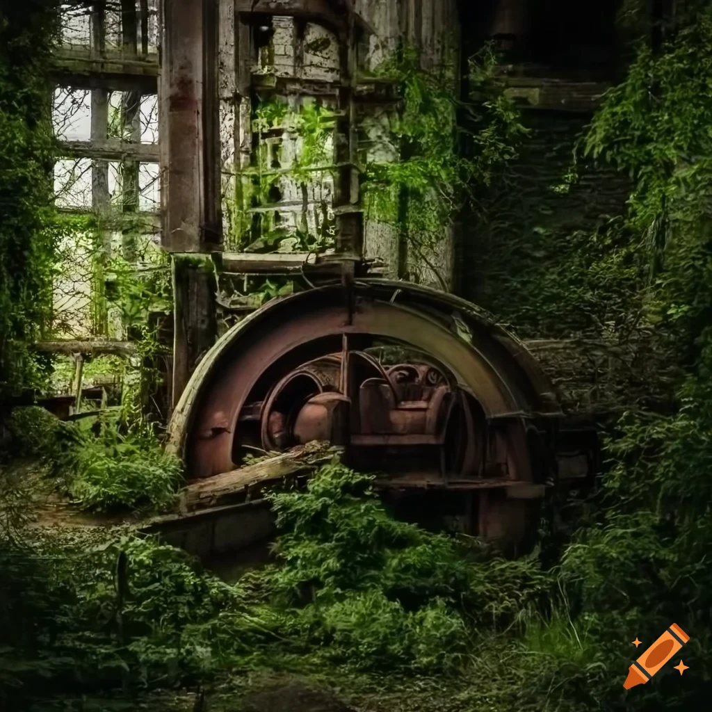 Abandoned factory with rusty steam engine overgrown by plants in atmospheric light