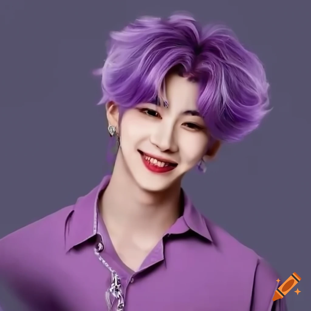 Cheerful male idol with lilac hair and playful smirk