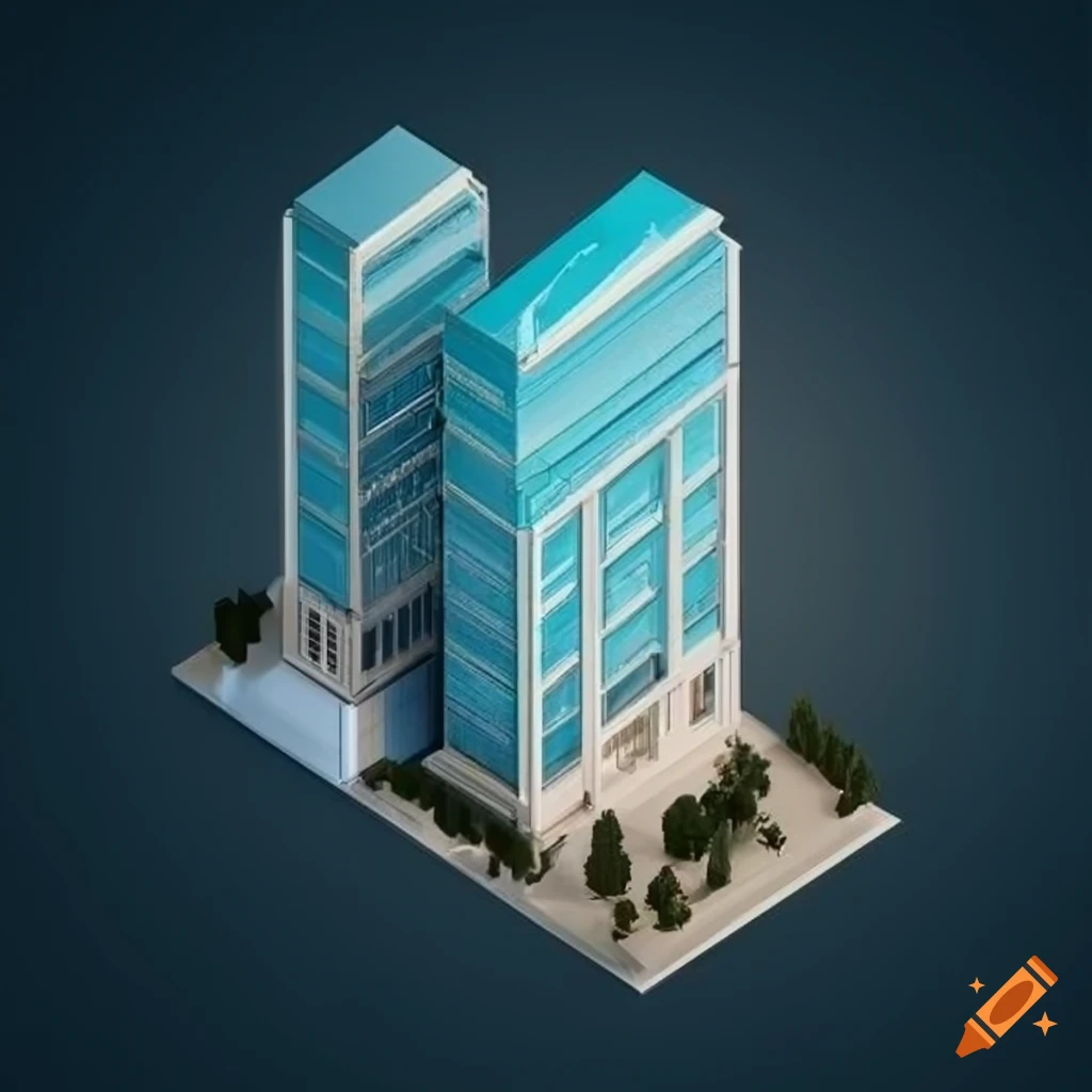 Isometric view of a modern building with surrounding roads in 3D render
