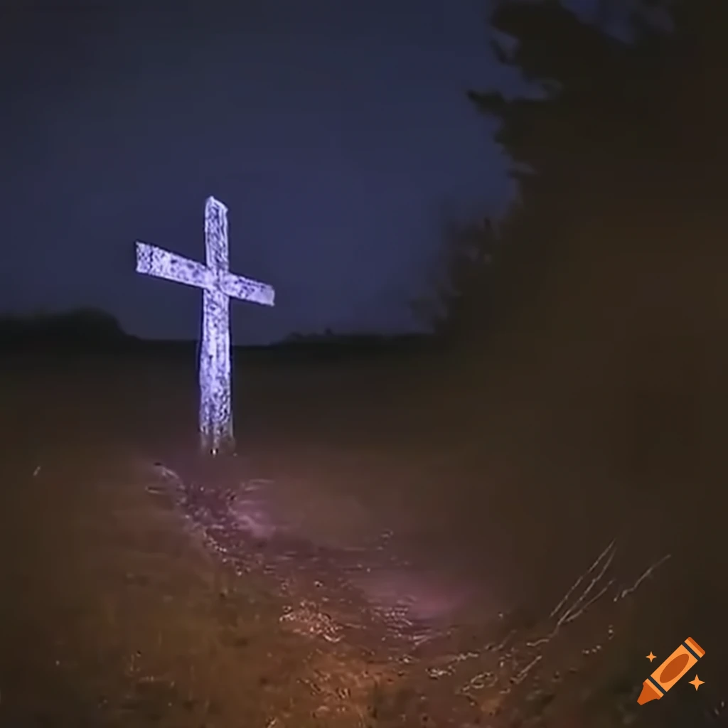 Creepy cross in a field at night captured by trail cam with night vision
