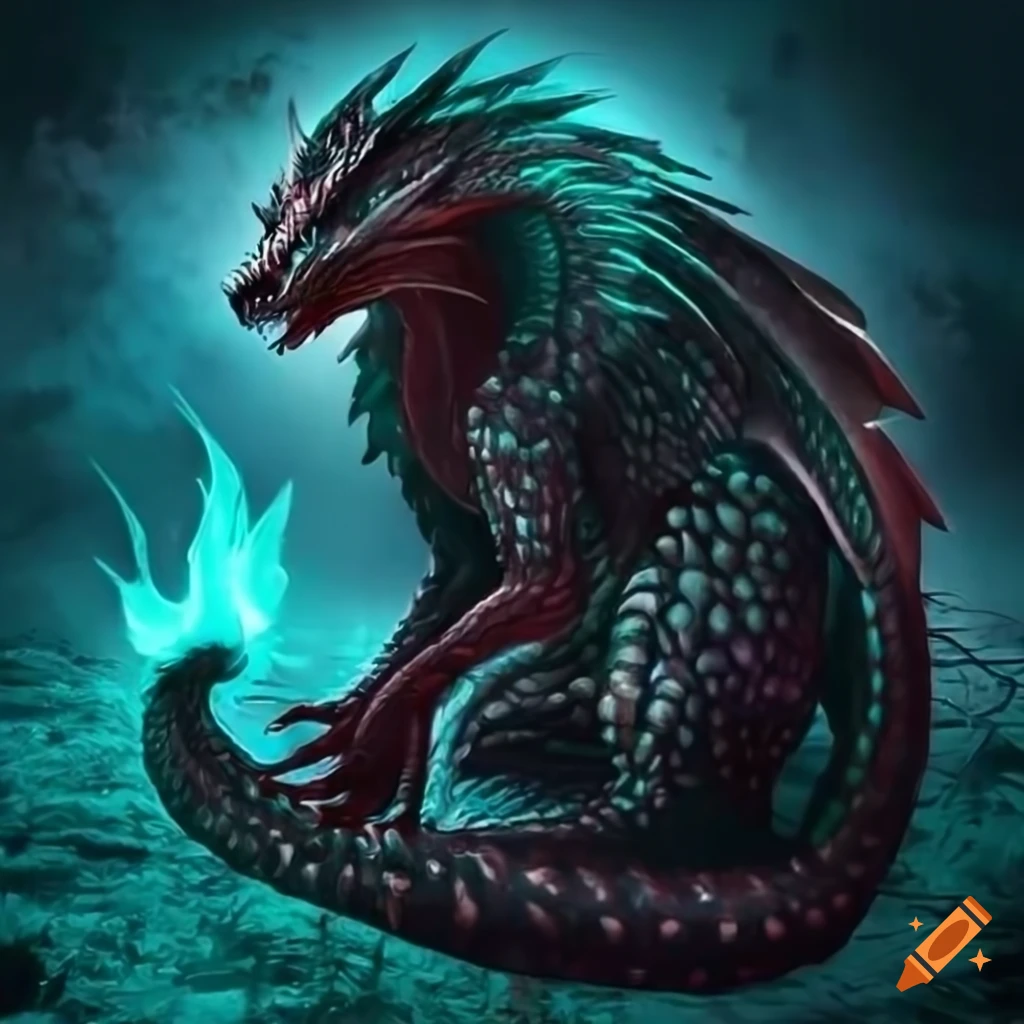 Mythological wolf-dragon with black scales, red streaks, and teal-cyan glow