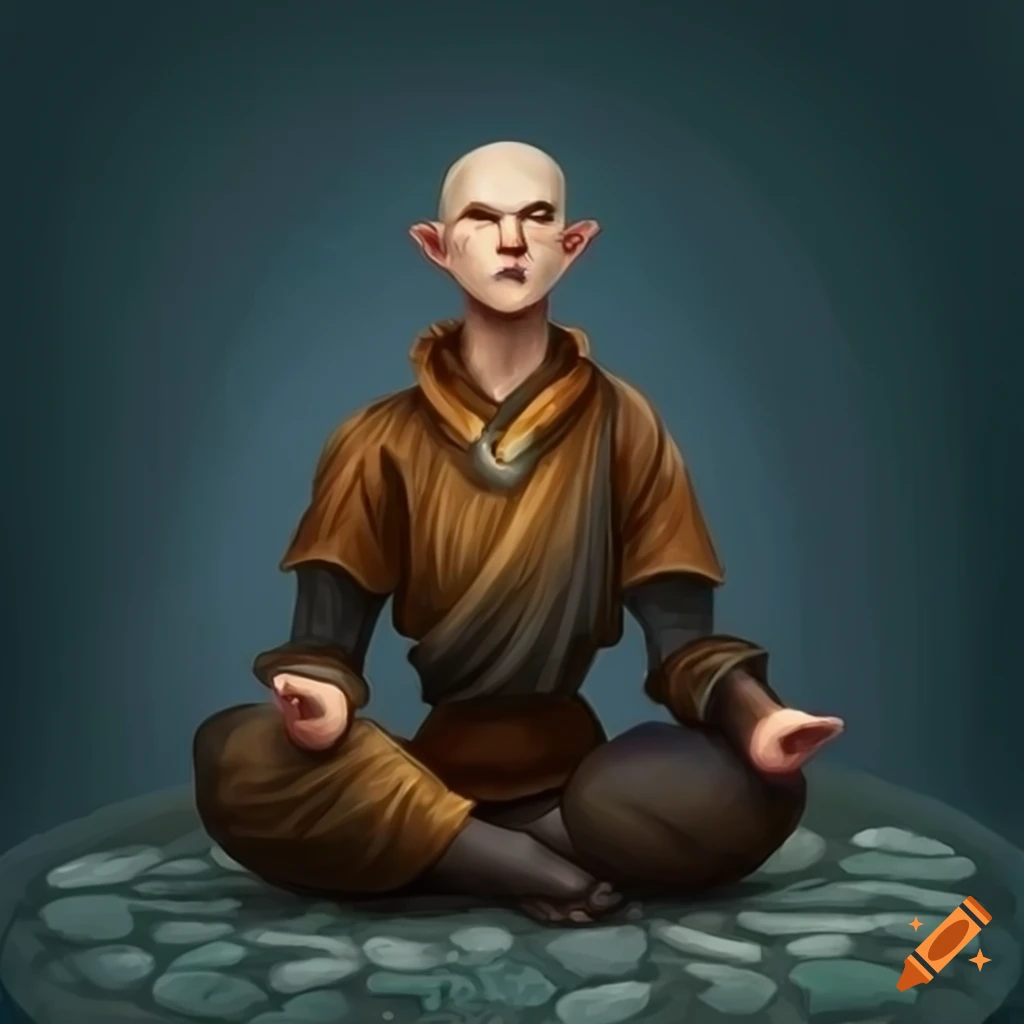 Halfling monk meditating among zen stones on an island in a dnd setting with short hair