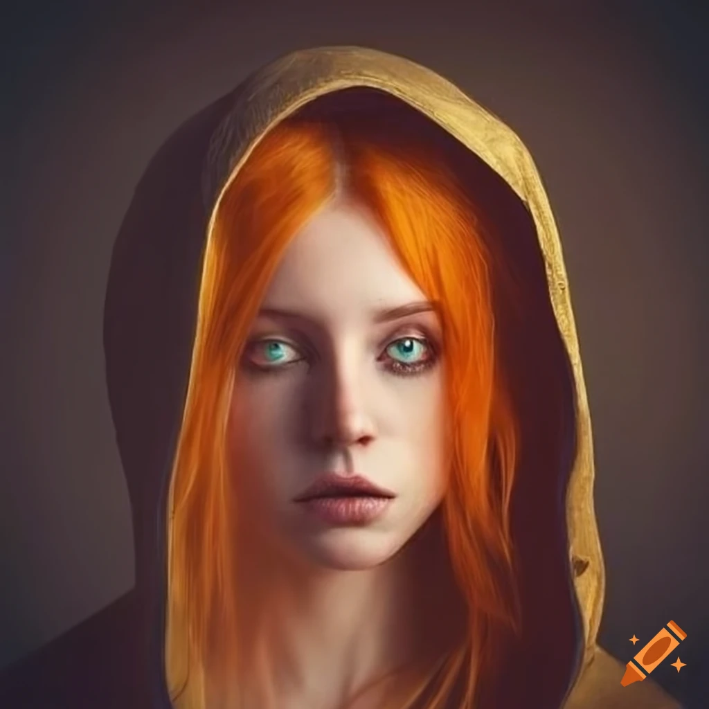 Striking portrait of a young red-haired woman with green eyes and golden hood