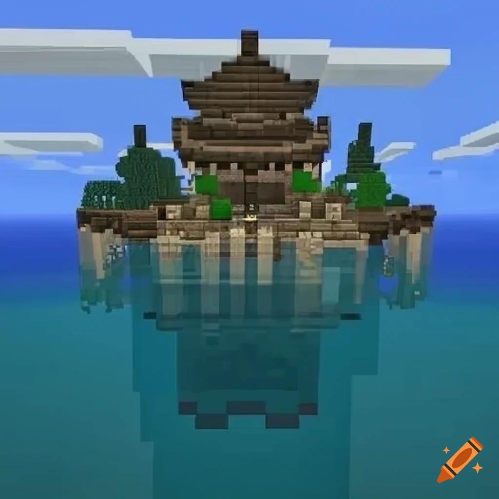 Minecraft-style island fishing village on seaside temple ruins