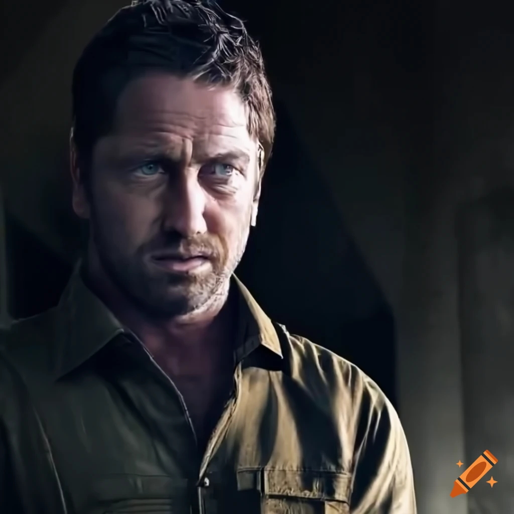 Closeup rear view of man resembling a young gerard butler peeking