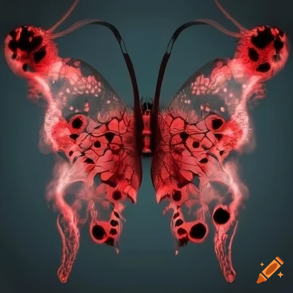 Scientific illustration of interconnected red and black neurons forming a butterfly shape
