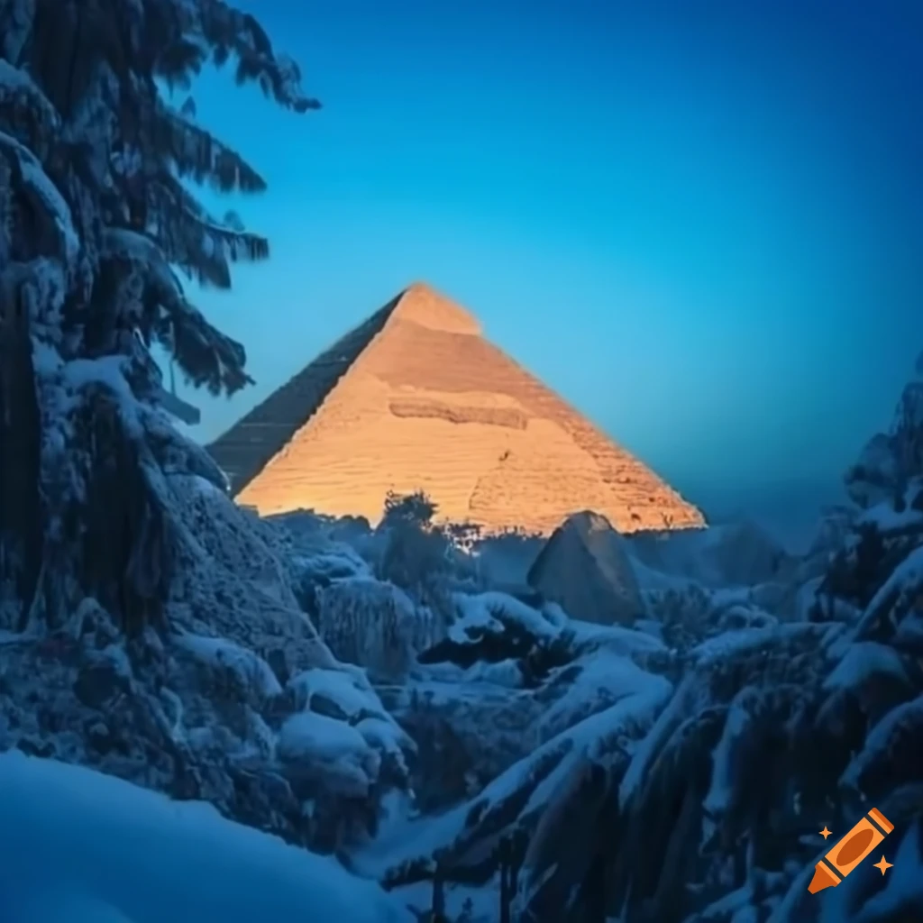 Pyramids in Egypt surrounded by snow in a winter forest
