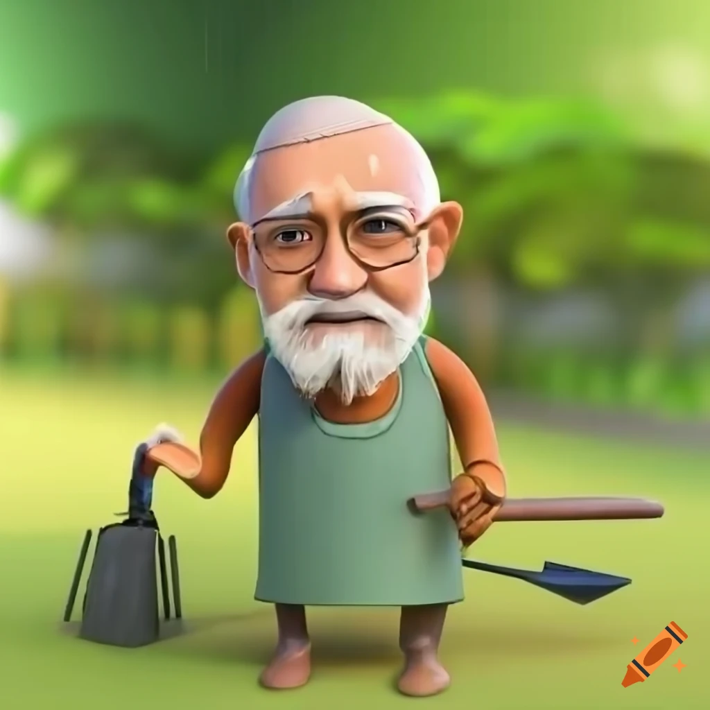 Cartoon image of a sad old indian gardener working in his garden on craiyon