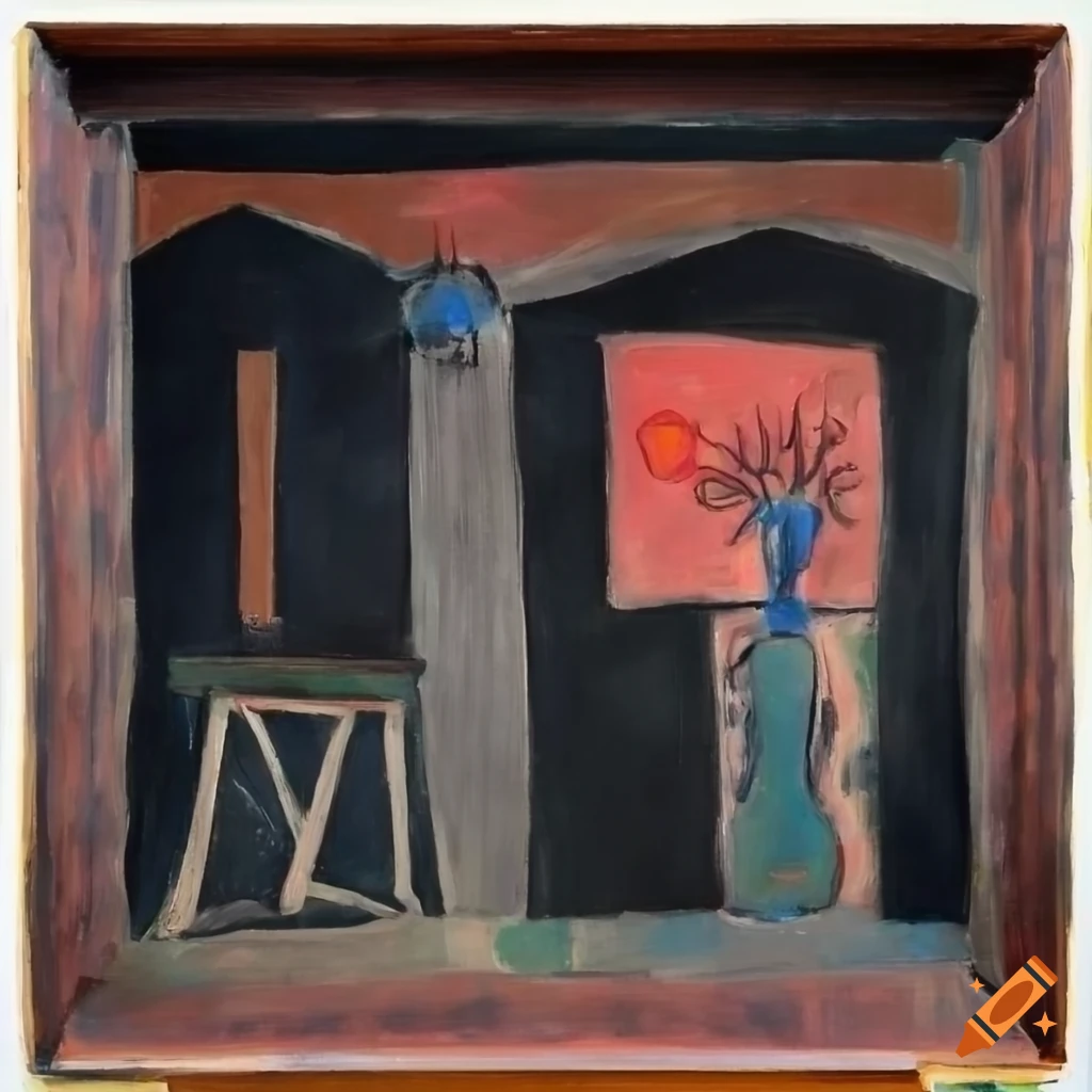 Black dollhouse with flowers and angels in Matisse and Paul Klee style painting