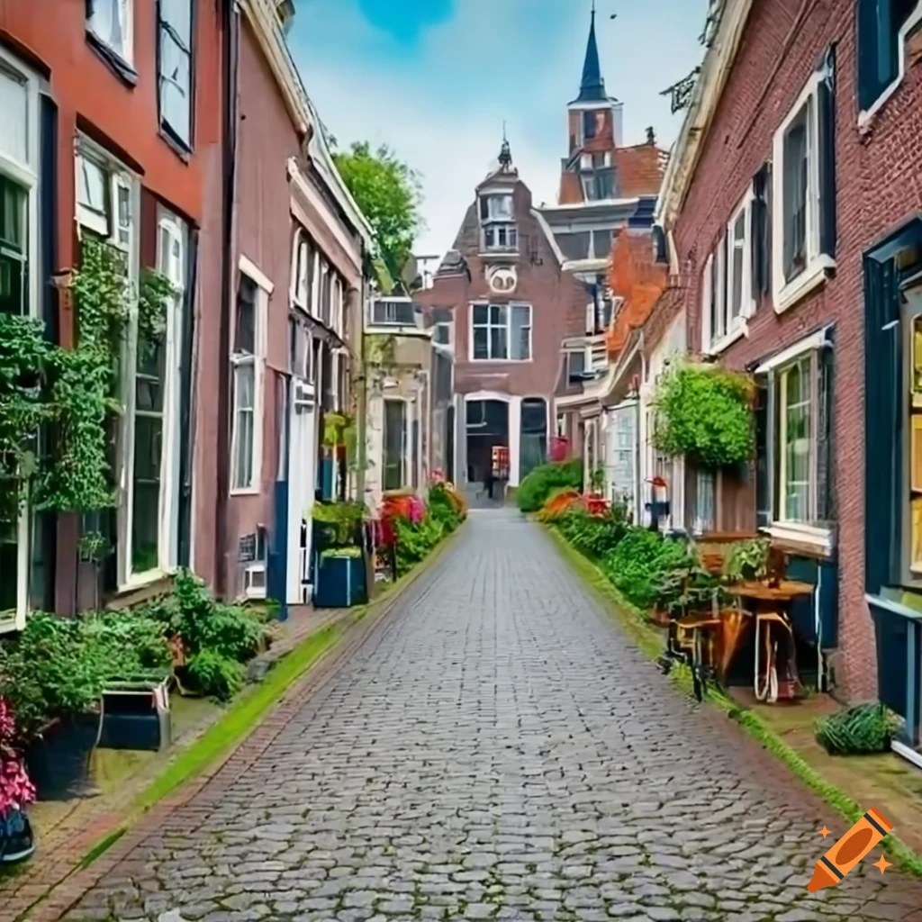 Picturesque Dutch street with traditional houses, greenery, and people