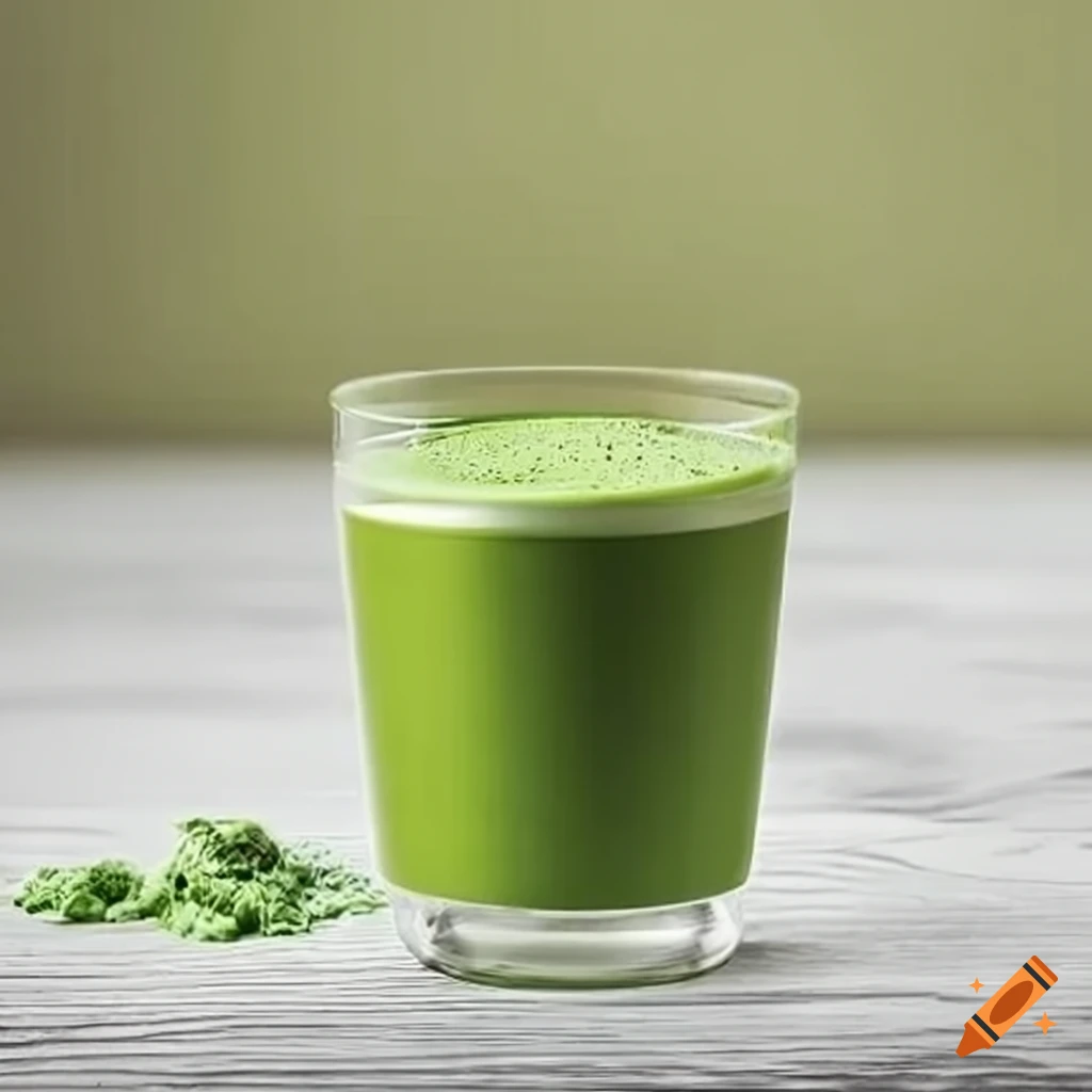 Matcha deliciosa en vaso y esparcida por piso de madera blanco visto desde arriba