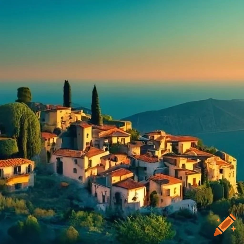 Mediterranean village near hills, trees, and plains