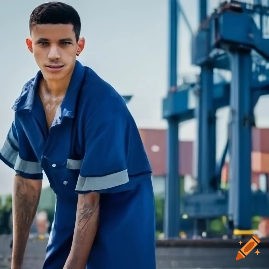 Group of men in navy blue coveralls at a shipping dock