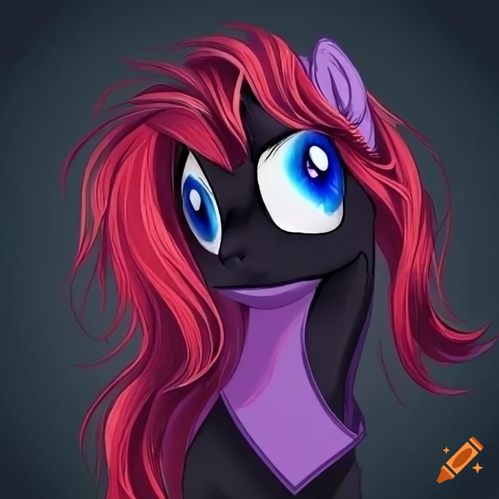 Dark-red female pony with black mane and sapphire blue eyes in MLP style