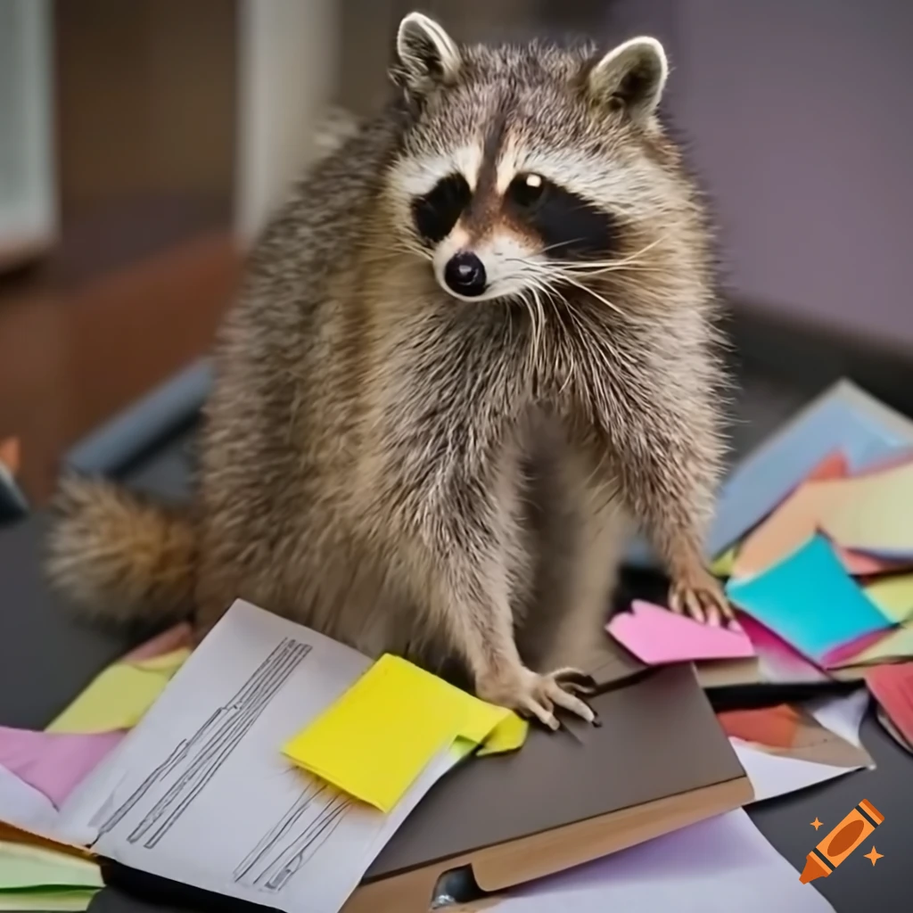 Quirky raccoon surrounded by office clutter and post-it notes