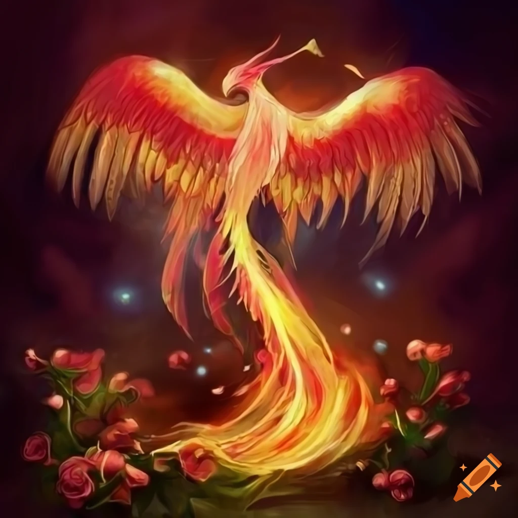 Phoenix emerging from a rose bush in fantasy art style