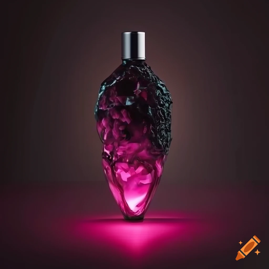 Studio shot of a gemstone-shaped perfume bottle with ruby cherry-colored liquid