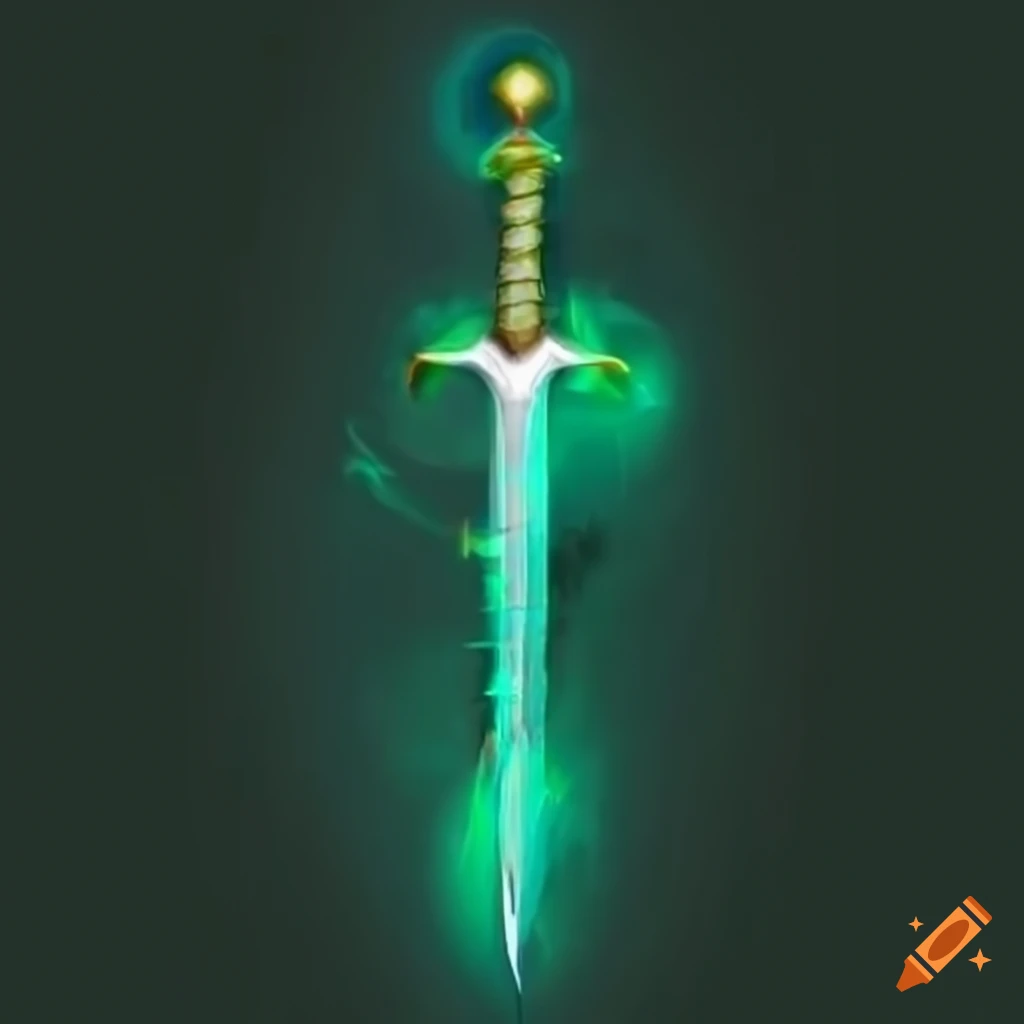 Excalibur with white iron, emerald hilt, and glowing green aura