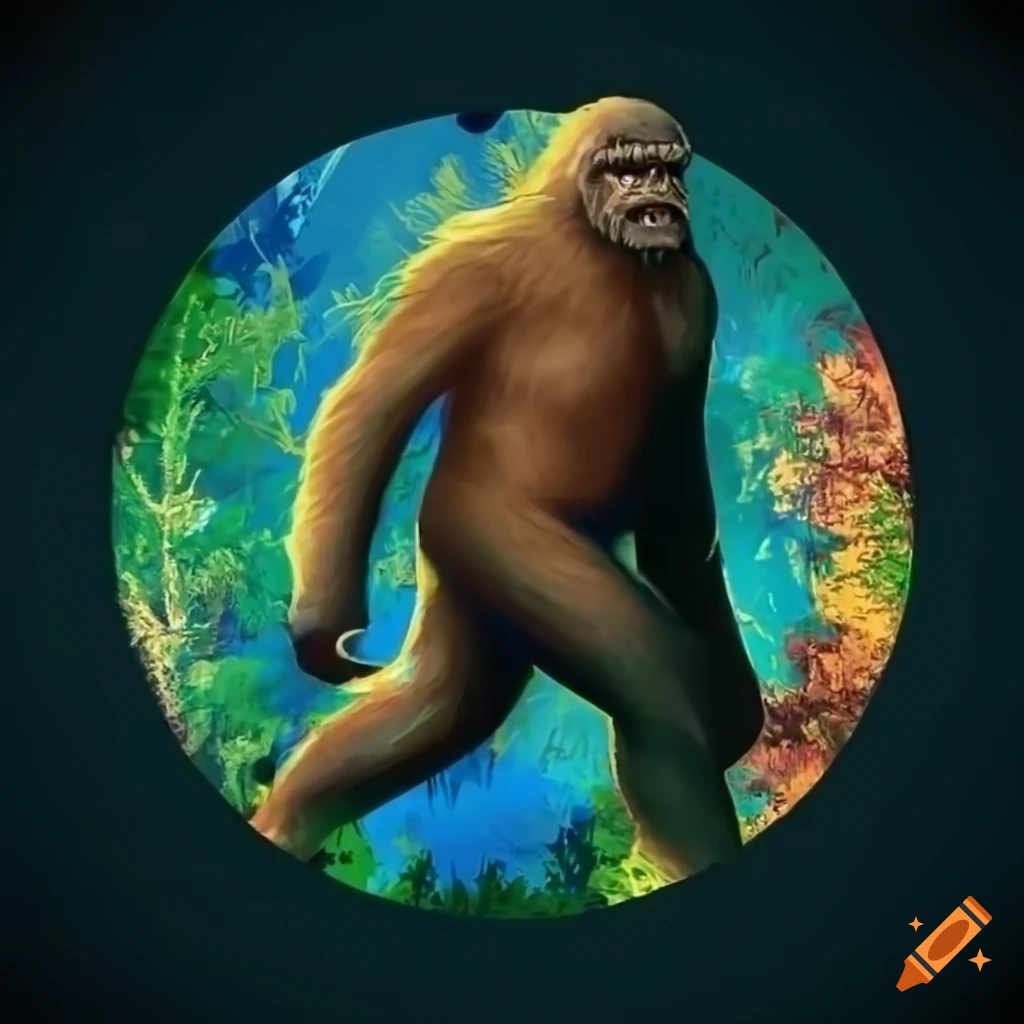 Bigfoot walking in colorful woods