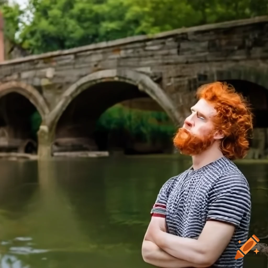 Red-haired man pondering on an old picturesque bridge