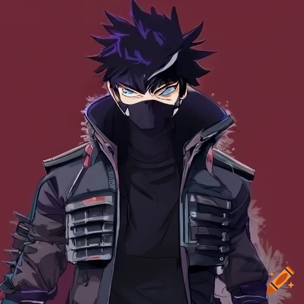 Male anime character with spiky hair and black mask in tactical attire