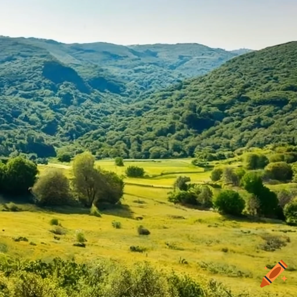 Mediterranean village near hills, trees, and plains