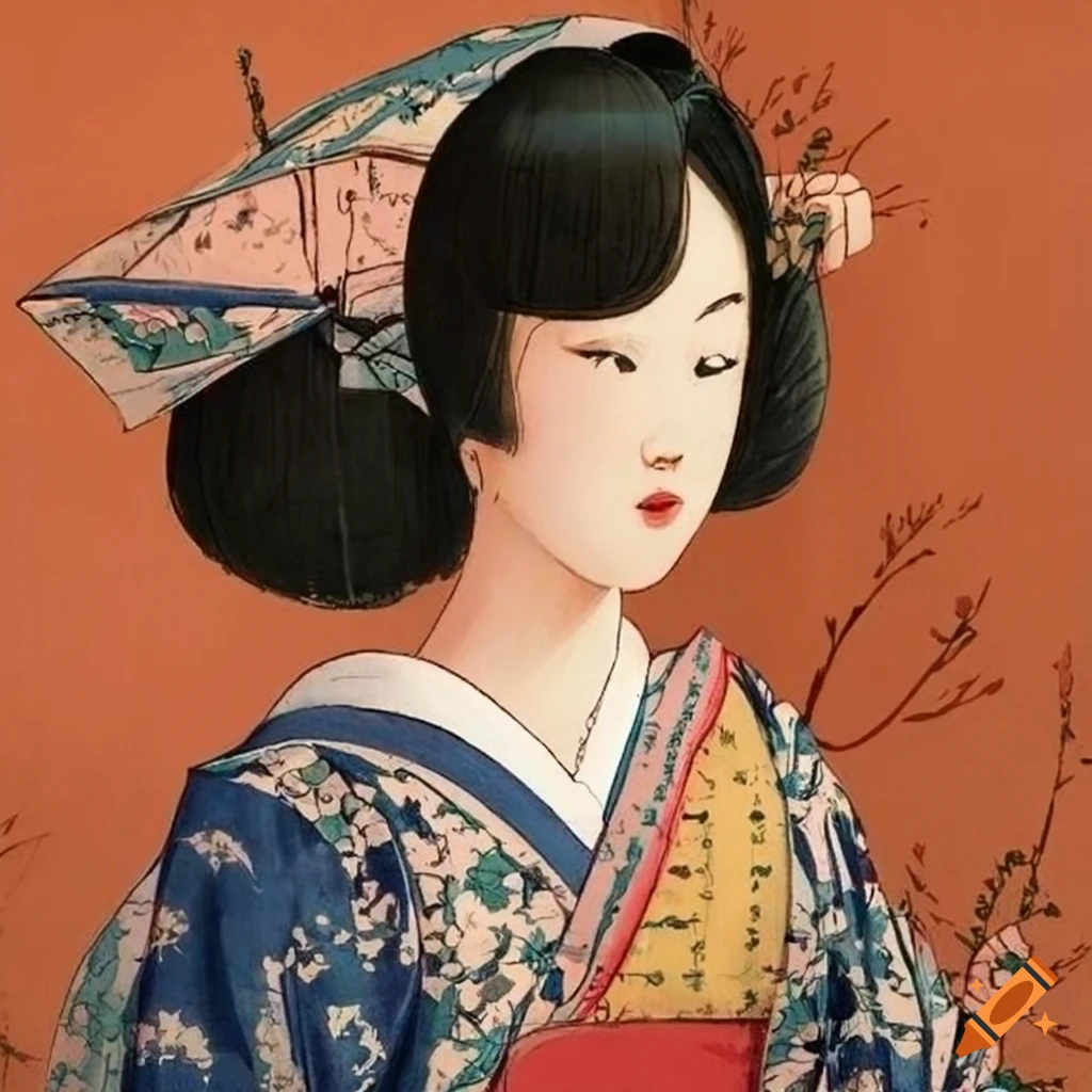 Girl in a garden with a 1800s Japanese print style color palette