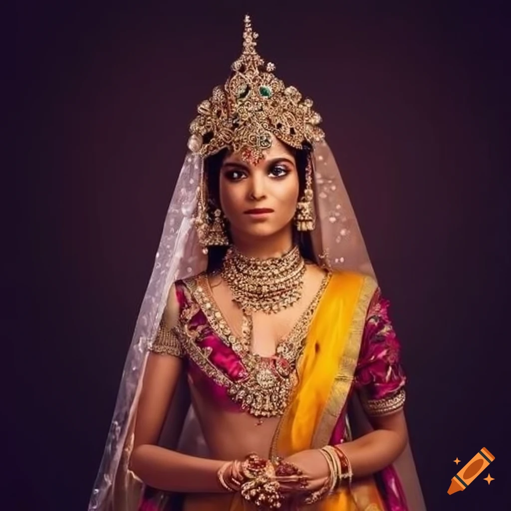 Elegant Indian royalty in vibrant dress with precious gems and gold
