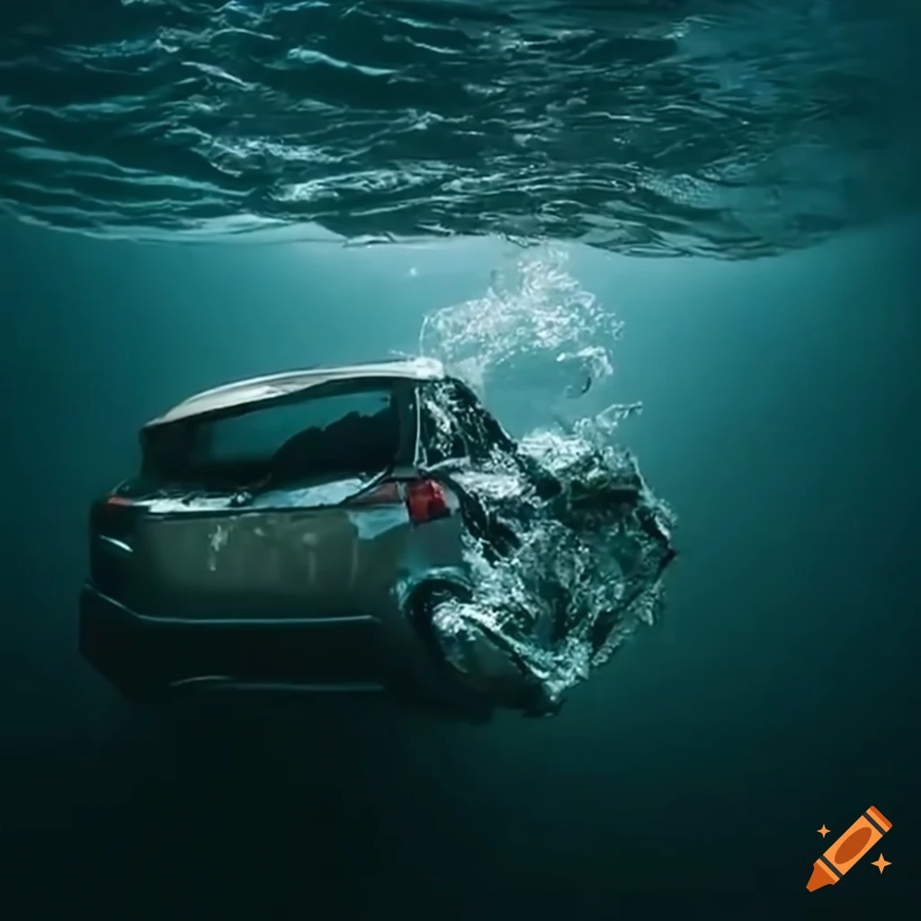 Wrecked white Suzuki Swift Sport partially submerged in dark sea with algae