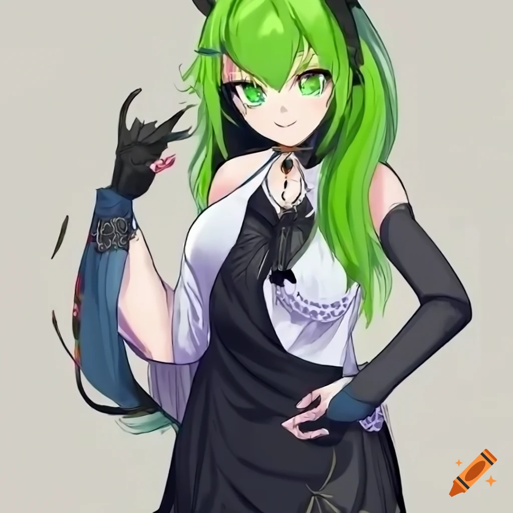 Animated green-haired magpie VTuber in elegant clothing streaming online