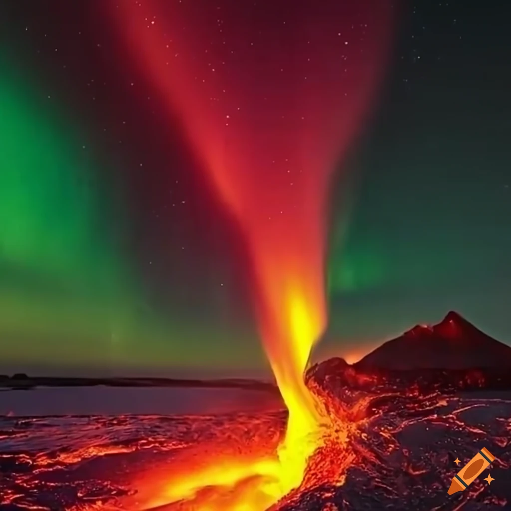Aurora shining over a green and blue volcano erupting with lava