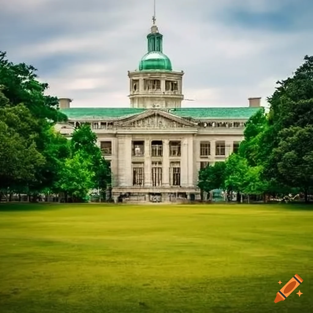 Neo-classical educational building in a green campus setting