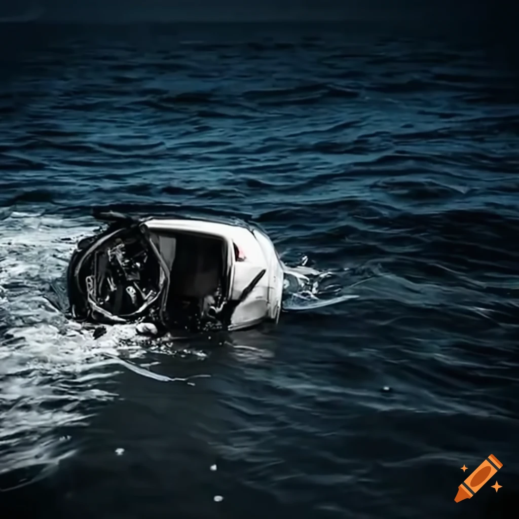Overturned white Suzuki Swift Sport in the deep dark sea