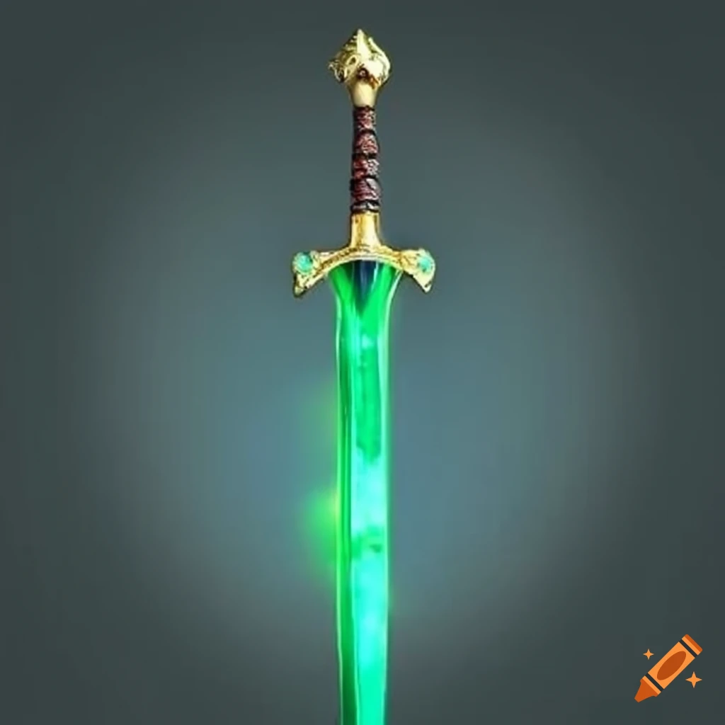 Historic Excalibur sword with green gem handle and aura