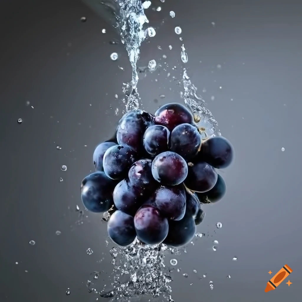 Cluster of juicy black cabernet grapes with a splashing water stream