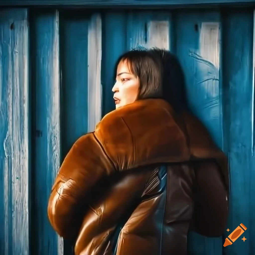 Young woman in aged sheepskin bomber jacket and black leather trousers standing in barn doorway