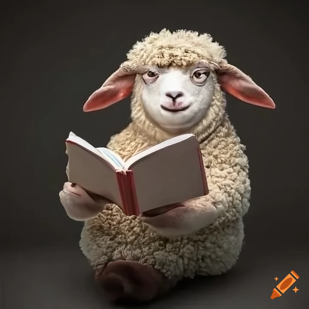 Smiling sheep reading a book