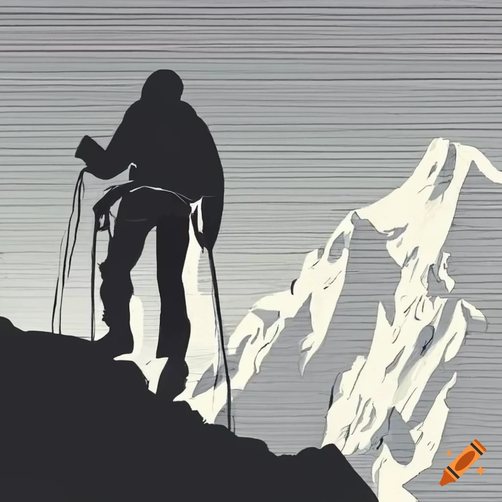 Monochrome sketch of mountaineers climbing a peak