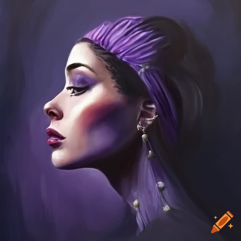 Melancholic woman painted in oil, in gray, white, violet, and black tones